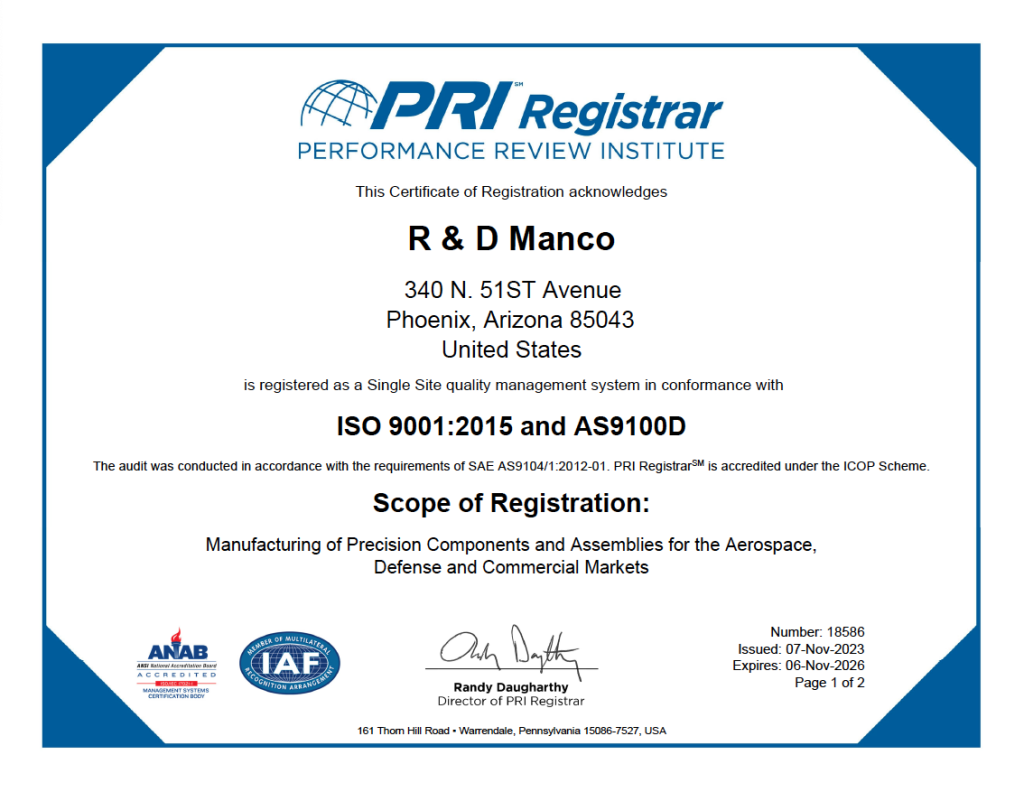 Certificate of Registration for R & D Manco, acknowledging compliance with ISO 9001:2015 and AS9100D standards.